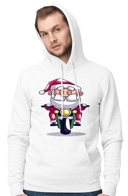 Чоловіче худі з принтом "Щасливий Санта на мотоциклі". 2022, дід мороз, зима, мотоцикл, новий рік, різдво, санта, сніг. 2070702