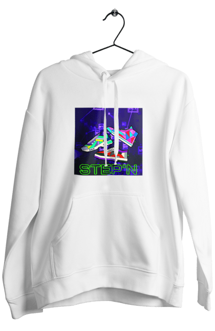 Чоловіче худі з принтом "Step`n". Віртуальні кросівки, крипта, криптовалюти, нфт, нфт кросівки, солана, степен. 2070702