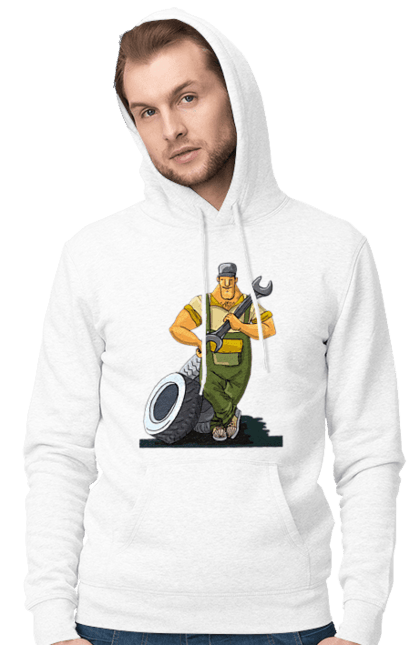 Чоловіче худі з принтом "Автомайстер". Гайковий ключ, колеса, професія. 2070702