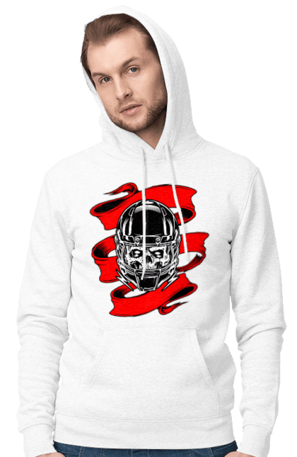 Men`s hoodie with prints Skull in a motorcycle helmet. Helmet, moto, skull, tape. 2070702