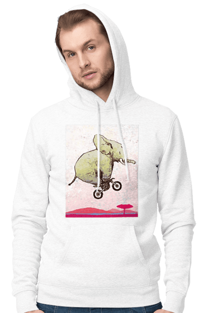 Чоловіче худі з принтом "Слон На Мотоциклі". Мотоцикл, політ, слон. 2070702