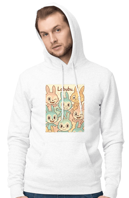 Чоловіче худі з принтом "Лабубу". Безтурботно, грайливо, дизайнперсонажу, каваї, лабубу, милі мистецтво, ніжні відтінки, пастельніквіти, стиль мультфільму, чарівно. 2070702