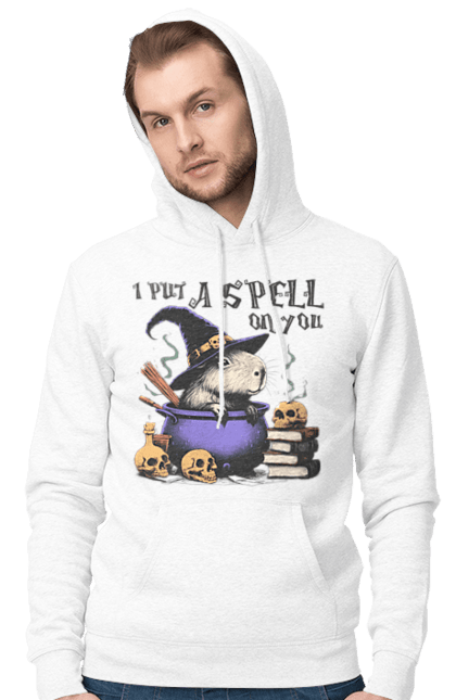 Men's hoodie with prints Capybara Halloween. Animal, capybara, ghost, halloween, holiday, moon, pumpkin, rodent, witch. 2070702