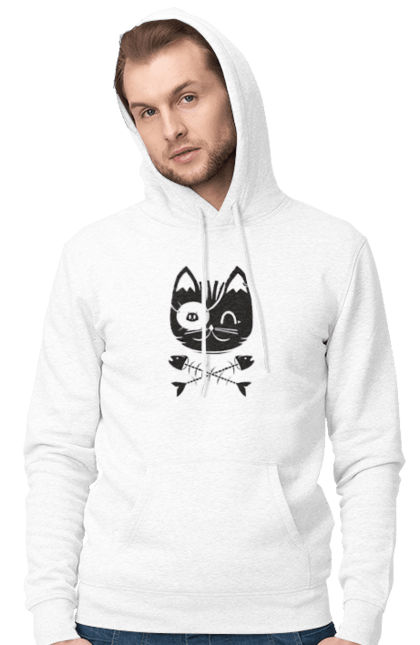 Чоловіче худі з принтом "Кіт пірат". Кістки, кіт, крутий малюнок, милі рисунки, пірати, риба, тварини, череп. 2070702
