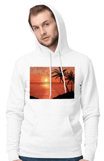 Men`s hoodie with prints West Palm Sea. Palm trees, sea, shore. 2070702