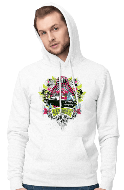 Чоловіче худі з принтом "Автомобільне Шоу, Літо". Автомобіль, гроші, карти, пальма, шоу. 2070702