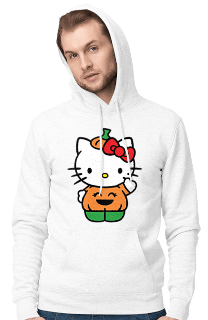 Men's hoodie with prints Hello Kitty Halloween. Brand, character, halloween, hello kitty, kitten, kitty, pumpkin. 2070702