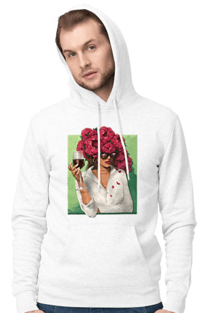 Men`s hoodie with prints Girl with peonies and a glass. Flower, girl, glasses, goblet, peonies, shirt, summer, wine. 2070702