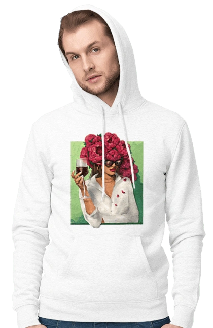 Girl with peonies and a glass