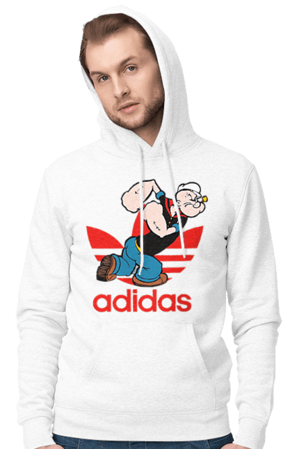 Мужское худи с принтом Adidas Моряк Попай. Adidas, popeye the sailor, адидас, комикс, моряк, мультфильм, сериал, трубка. 2070702