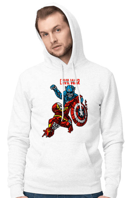 Мужское худи с принтом Железный человек vs Капитан Америка. Captain america, civil war, iron man, marvel, marvel comics, железный человек, капитан америка, марвел, мстители, тони старк. 2070702