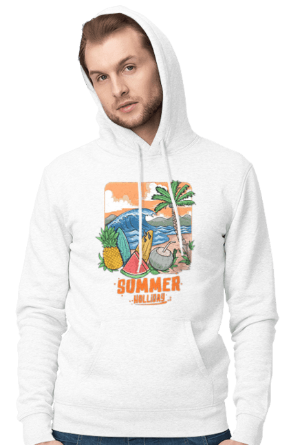 Men`s hoodie with prints Summer Holidays. Palm, sea, summer, waves. 2070702