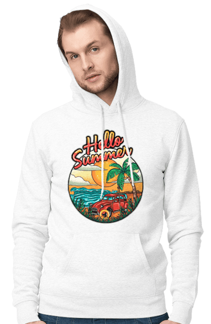 Men`s hoodie with prints Hello Summer, Car By The Sea. Beach, island, palm, summer. 2070702