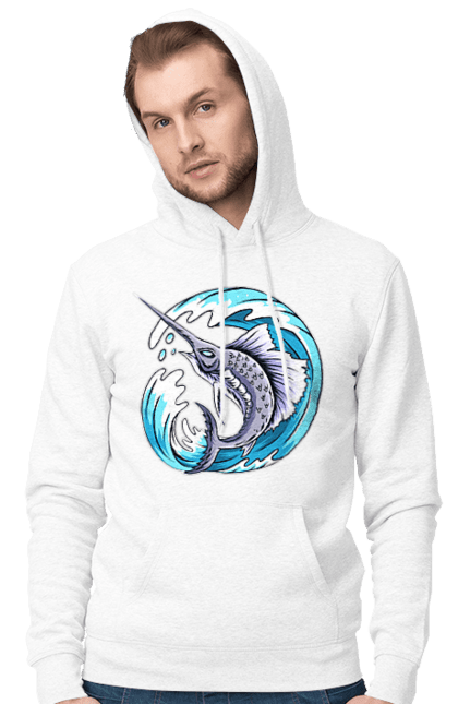 Men`s hoodie with prints Fish Sword And Wave. Swordfish, wave. 2070702