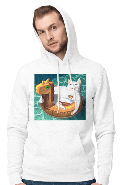 Чоловіче худі з принтом "Білий кіт у плавальному колі, на відпочинку". Басейн, відпочинок, кіт, коктейль, море, плавальний круг. 2070702