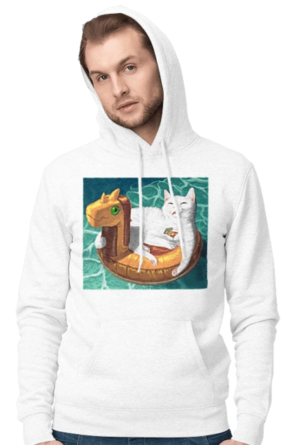 White cat in a swimming circle on vacation