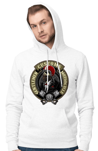 Men`s hoodie with prints Gentlemen motorcycle. Gentleman, helmet, motorcycle, skull. 2070702