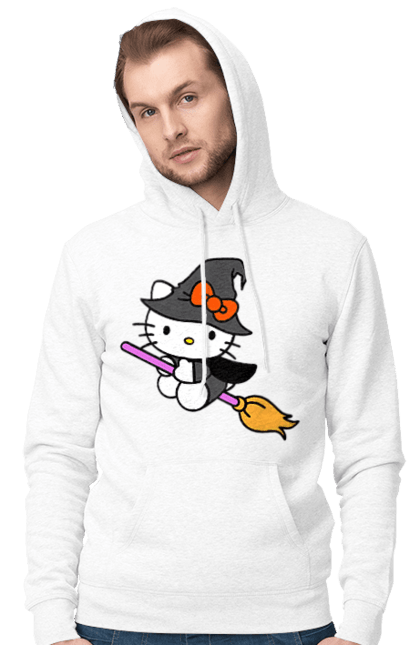 Men's hoodie with prints Hello Kitty Halloween. Brand, cat, character, halloween, hello kitty, kitten, kitty, witch. 2070702