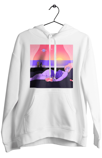 Чоловіче худі з принтом "Фіолетова Дівчина На Відпочинку". Дівчина, захід, телефон. 2070702