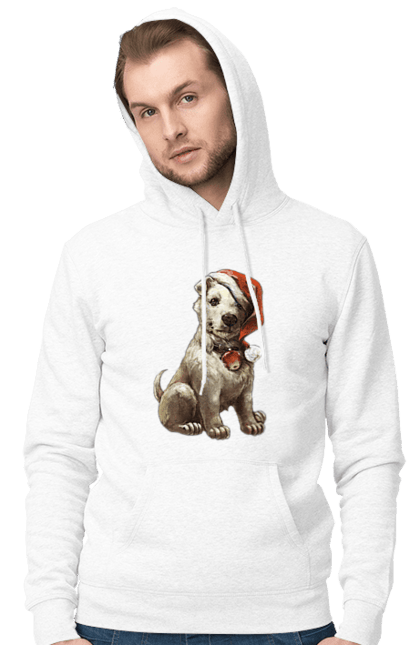 Чоловіче худі з принтом "Зимовий собака з новорічною шапкою". Зима, новий рік, різдво, сніг, собака. CustomPrint.market