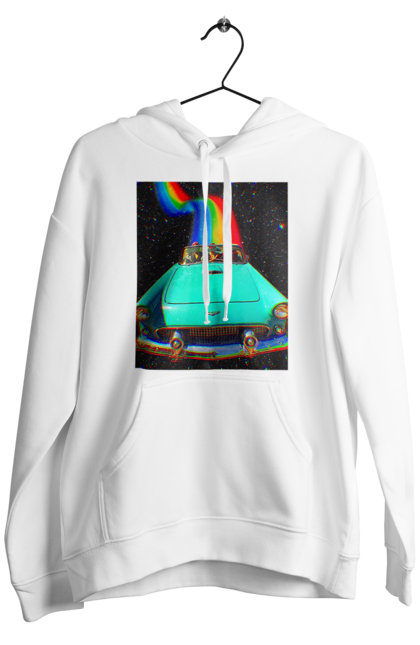 Чоловіче худі з принтом "Картина, машина у космосі". Веселка, картина, космос, машина, подорожі, поїздка, прикол, ретро. 2070702