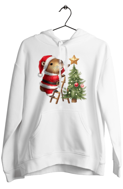 Men's hoodie with prints Christmas Capybara with a Tree. Animal, capybara, christmas, christmas capybara, christmas tree, gift, holiday, new year, new year`s gift, santa. 2070702