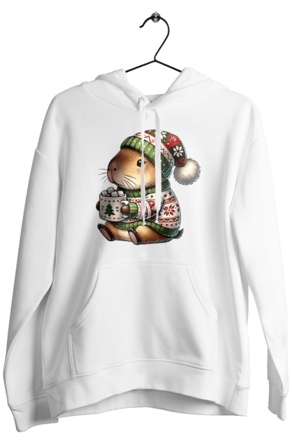 Men's hoodie with prints Capybara with hot chocolate. Animal, capybara, christmas, christmas capybara, gift, holiday, hot chocolate, new year, santa. 2070702