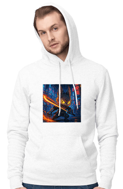 Чоловіче худі з принтом "Лабубу". Аніместиль, дія, катана, кіберніндзя, кіберпанк, лабубу, меч, неонове місто, очі` що світяться. 2070702