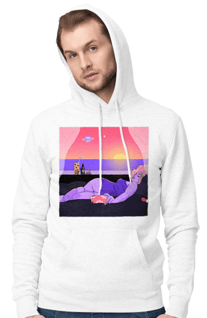 Чоловіче худі з принтом "Фіолетова Дівчина На Відпочинку". Дівчина, захід, телефон. 2070702