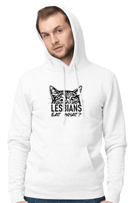 Чоловіче худі з принтом "Lesbians eat what?". Гумор, котики, лгбт, лесбіянки, приколи, смішні написи. 2070702