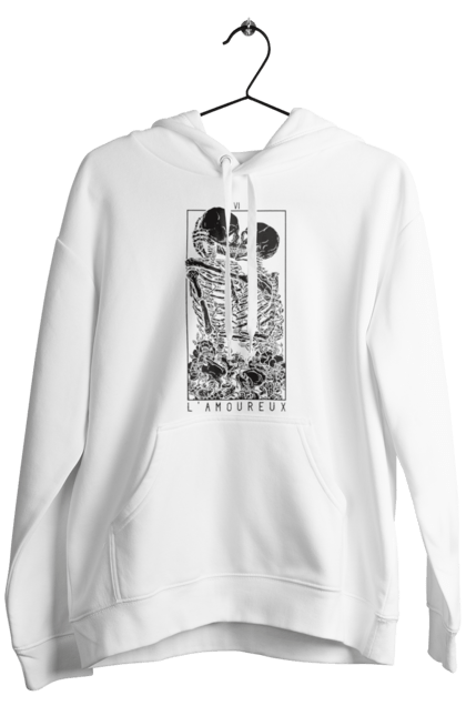 Men's hoodie with prints Skeletons in love. Bones, kiss, love, scull, skeletons, tarot, teeth. 2070702