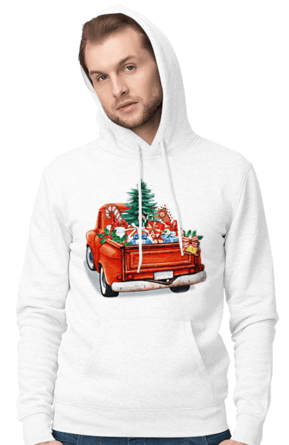 Чоловіче худі з принтом "Авто з подарунками". Автомобіль, новий рік, подарунки, різдво, санта, ялинка. 2070702