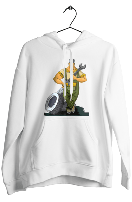 Чоловіче худі з принтом "Автомайстер". Гайковий ключ, колеса, професія. 2070702