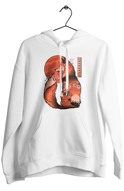 Men's hoodie with prints Kitsune. Animal, cherry blossoms, flowers, fox, great wave, japan, japanese, kitsune, mount fuji, red fox. 2070702