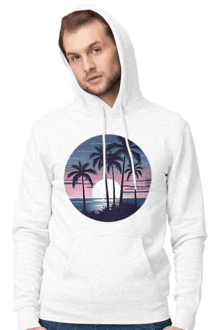 Чоловіче худі з принтом "Пальмовий пляж  На заході сонця". Море, пальма, пальми, пальмовий пляж, пляж. CustomPrint.market