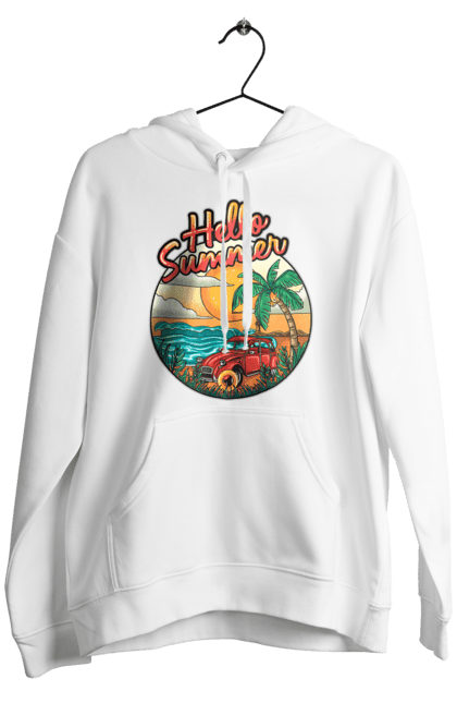 Men`s hoodie with prints Hello Summer, Car By The Sea. Beach, island, palm, summer. 2070702