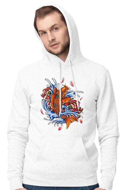 Men`s hoodie with prints Fish and waves. Fish, flower, wave. 2070702
