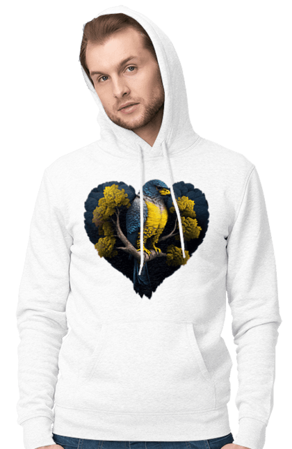 Men`s hoodie with prints Blue and yellow falcon. Falcon, flag of ukraine, heart, symbol of ukraine, tree, ukraine. 2070702