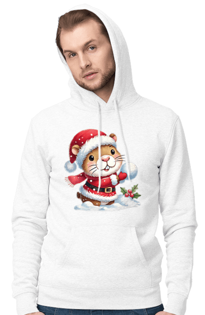 Men's hoodie with prints Capybara playing snowballs. Animal, capybara, christmas, christmas capybara, game, gift, holiday, new year, santa, snowballs. 2070702