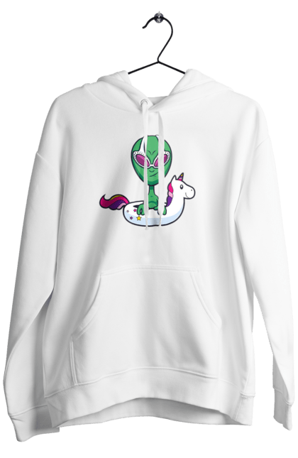 Men`s hoodie with prints Alien Floats In A Circle. Alien, inflatable circle, to swim. 2070702