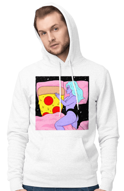 Men`s hoodie with prints Purple Girl And Pizza. Bed, girl, pizza. 2070702