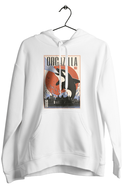 Men's hoodie with prints Orcazilla. Cartoon style design, graphic, japan print, japanese, japanese art, japanese poster, japanese poster orca, ocean wildlife, orca, orcazilla. 2070702