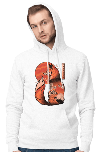 Men's hoodie with prints Kitsune. Animal, cherry blossoms, flowers, fox, great wave, japan, japanese, kitsune, mount fuji, red fox. 2070702