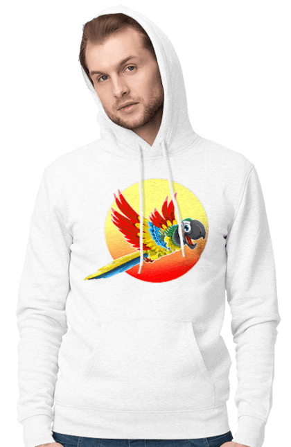 Чоловіче худі з принтом "Папуга На Тлі Сонця". Ара, веселий, відпочинок, відпустка, диск, жарко, жовтий, коло, кольоровий, крила, літає, літо, папуга, папужка, пір`я, політ, помаранчевий, птах, різнокольоровий, сонце, сонячно, спека, тепло, тропіки, у польоті, червоний. 2070702