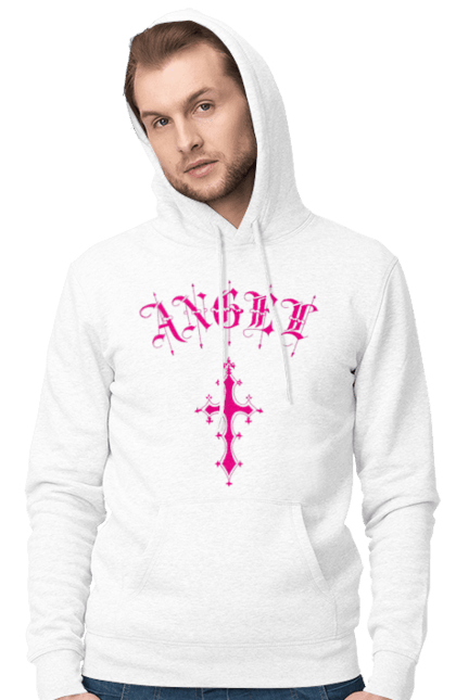 Men's hoodie with prints Logo Angel. Angel, cross, gothic, gothick style, logo, pink. 2070702