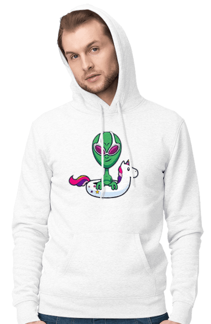Men`s hoodie with prints Alien Floats In A Circle. Alien, inflatable circle, to swim. 2070702