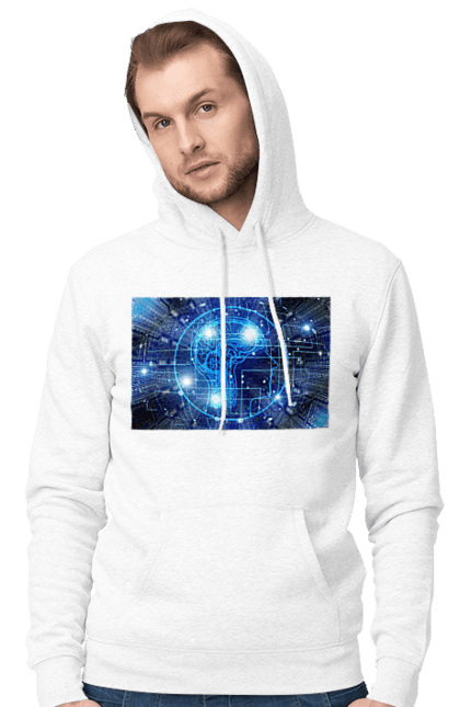 Чоловіче худі з принтом "Штучний інтелект". Айті, айтішник, гік, знання, інженер, інтелект, кібер, кібернетика, кіборг, код, комп, комп`ютерник, кристал, машинне навчання, мікросхема, мозок, портрет, програміст, професіонал, професія, розробник, розум, хакер, чіп, штучний інтелект, штучний розум. 2070702