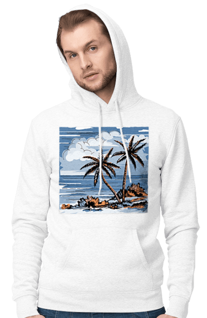 Men`s hoodie with prints Palm Trees And Sky. Clouds, palm trees, sea, sky. 2070702