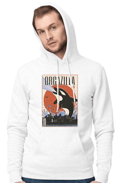 Men's hoodie with prints Orcazilla. Cartoon style design, graphic, japan print, japanese, japanese art, japanese poster, japanese poster orca, ocean wildlife, orca, orcazilla. 2070702