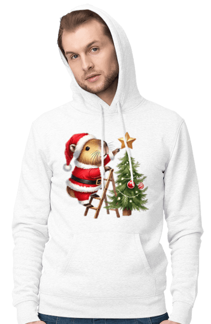 Men's hoodie with prints Christmas Capybara with a Tree. Animal, capybara, christmas, christmas capybara, christmas tree, gift, holiday, new year, new year`s gift, santa. 2070702